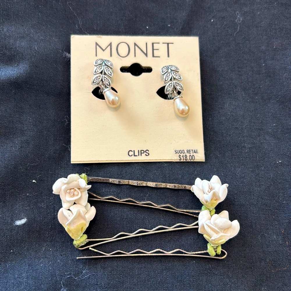 Vintage Monet Bridal Teardrop Clip Earrings with Bridal rose hairpins